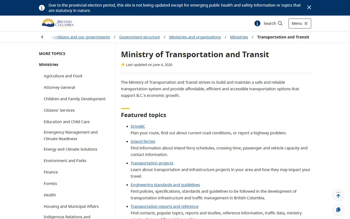BC Ministry of Transportation and Infrastructure website